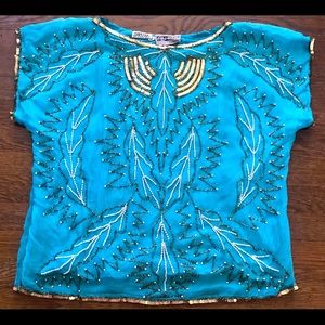 80’s vintage silk chiffon Pearl Beaded Sequin Blouse Top life & style inc